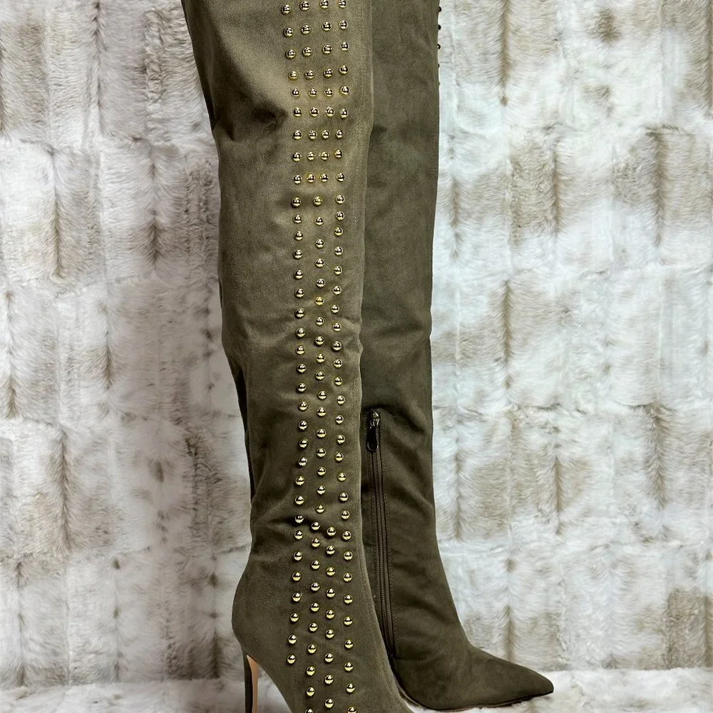*So Me Olive Army Green Gold Stud Thigh High Heel Boots